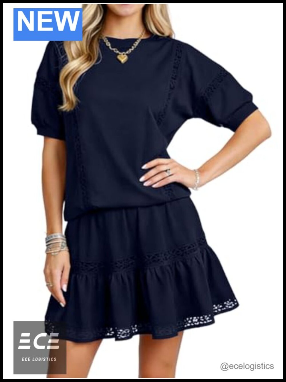 Eyelet Lace Two Piece Short Set Puff Sleeve Top Mini Skirt